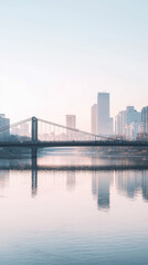 Naklejka premium A City Bridge Reflects in the Calm Waters of a River, a Minimalist Skyline Under a Pale Sky.
