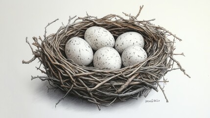 Obraz premium Detailed sketch of a Bald Eagle nest with twigs and a few eggs