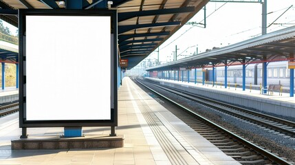 Vacant Billboard at Train Station, perspective view showcasing tracks under bright sunlight, ideal canvas for promotional messages and advertising concepts