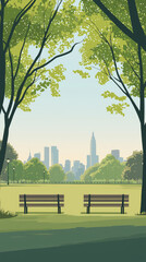 A Tranquil City Park Escape, Two Benches Await, A Skyline Beckons in the Distance