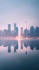 City Lights Reflect in a Tranquil, Misty Dawn - A Dreamy Urban Landscape