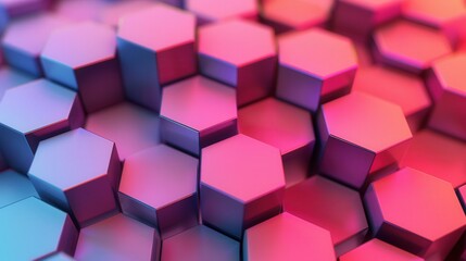 Floating hexagonal shapes in vibrant gradients, creating a dynamic 3D backdrop, embodying contemporary technology and futuristic design aesthetics.