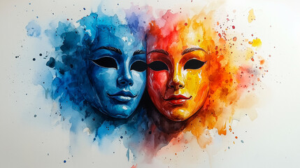 Dual Emotions: Colorful Watercolor Masks Art