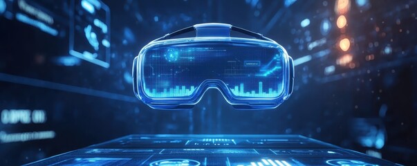 Futuristic virtual reality headset with glowing blue elements, representing advanced technology and immersive digital experiences.