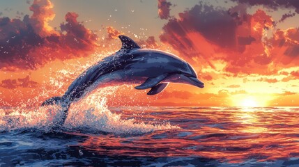 Obraz premium Illustrative clipart of a dolphin jumping out of the water with a sunset in the background