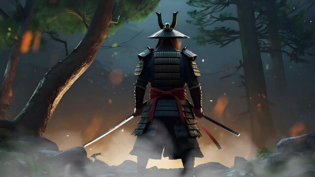 A samurai holding a samurai sword on the battlefield. Seamless 4K looping timelapse video animation background