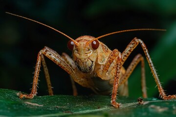 Fototapeta premium Close-up of a Brown and Orange Katydid on a Green Leaf