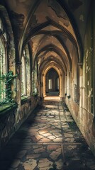 Fototapeta premium A long, narrow hallway in an abandoned building with arched ceilings and stone floors. Sunlight streams through the windows at the end of the hallway, illuminating the dust and debris.