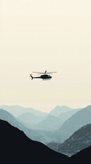 Fototapeta na wymiar A Silhouette of Tranquility: A lone helicopter soars above a serene mountain range, its presence a stark contrast to the peaceful, misty landscape.