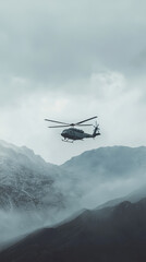 Fototapeta na wymiar A solitary helicopter, a silver silhouette against a muted sky, ascends above the misty, snow-dusted peaks.