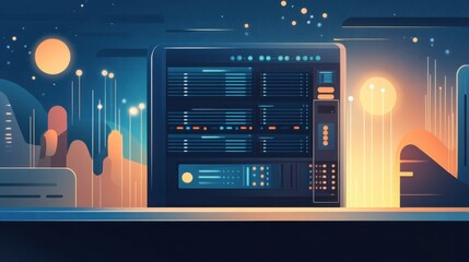 Obraz premium A futuristic control panel in a digital landscape with glowing elements and abstract shapes, perfect for technology themes.