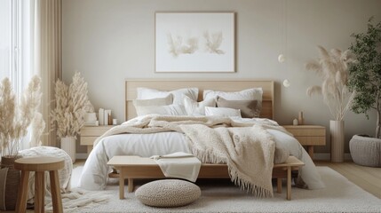 A Scandinavian-inspired bedroom with a neutral color palette, light wood furnishings, and cozy textiles, creating a serene and inviting atmosphere.