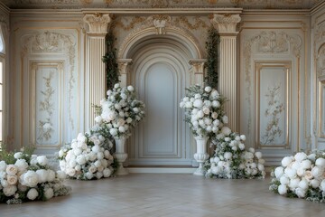 Naklejka premium Wedding photography backdrop. Chateau palace interior, white roses and peonies around arch and columns.