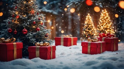 cinematic image luminated christmas trees with red and golden garlands into a forest with snowy flakes with shape of stars close to xmas gifts in red boxes , bokeh