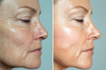 Side-by-side images of a person’s skin before and after a skincare treatment, highlighting the reduction of wrinkles and improved complexion