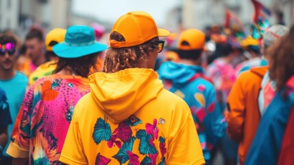 Fototapeta premium Festivities unfold as a diverse crowd celebrates in colorful attire, filling the street with joy and excitement during a lively festival