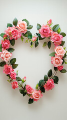 Obraz premium A Delicate Embrace: A Heart-Shaped Wreath of Soft Pink Roses and Lush Green Leaves on a Light Background.