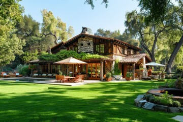 Fototapeta premium Rustic farmhouse in California countryside with weathered wood accents, stone walls, patio, fire pit, pool, and umbrella shade, surrounded by green grass and trees.
