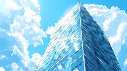 Modern skyscraper with reflective glass windows reaching towards the sky on a sunny day with clouds. Skyscraper. Illustration