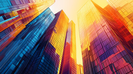 Modern skyscrapers of a smart city, futuristic financial district, graphic perspective of buildings and reflections - architectural sunset hitting the buildings. Skyscraper. Illustration