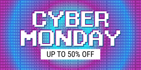 Cyber Monday background with text. Promo sale horizontal banner design. Abstract vector illustration.
