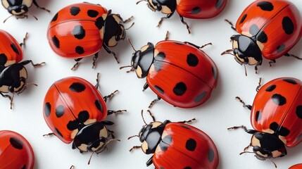 Obraz premium Multiple ladybugs scattered across a white background