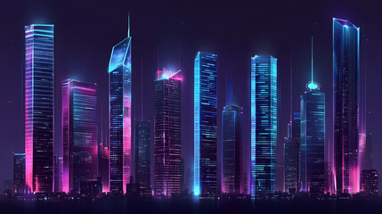 Printed neon skyscrapers on transparent backgrounds, with city skylines. Skyscraper. Illustration