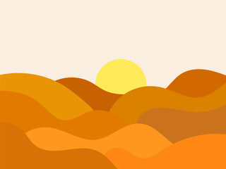 Mountain landscape in a minimalist style, rocks and canyons. Wavy landscape with the sun on the horizon. Boho decor for print, poster and interior design. Modern mid-century decor. Vector illustration