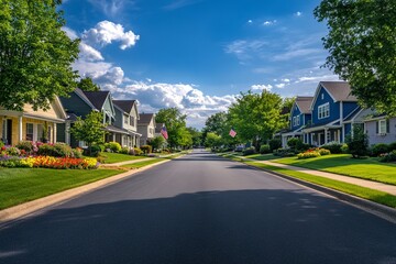 Naklejka premium Peaceful Suburban Street with American Flags. AI generated illustration