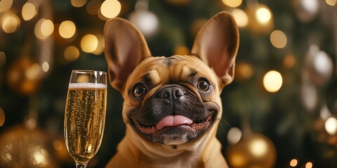 Festive Frenchie: AI-Generated French Bulldog Toasting New Year's Eve with Champagne. Chic Canine Celebration for 2025-2027 NFT Art, Fashion Design, and Holiday Marketing. Versatile Party Animal Conce