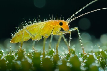 Yellow Insect with Spiky Legs on Dew-Covered Leaf