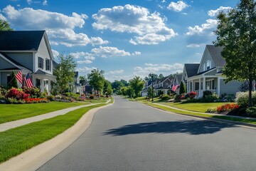 Peaceful Suburban Street with American Flags. AI generated illustration