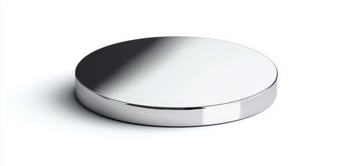 A circular metal podium with a reflective surface, casting soft shadows, isolated on white