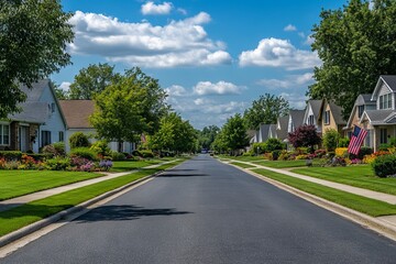 Naklejka premium Peaceful Suburban Street with American Flags. AI generated illustration