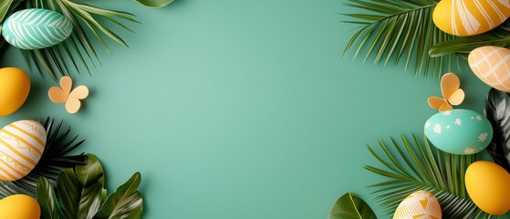 Colorful Easter eggs and butterflies on a green background with tropical leaves, creating a festive springtime atmosphere.