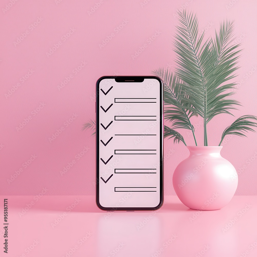 Wall mural Checklist on Smartphone with Palm Leaf and Pink Vase.