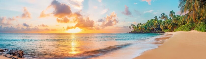 Obraz premium Stunning tropical beach sunset with palm trees, golden sand, and calm ocean waves, capturing the serene beauty of paradise.