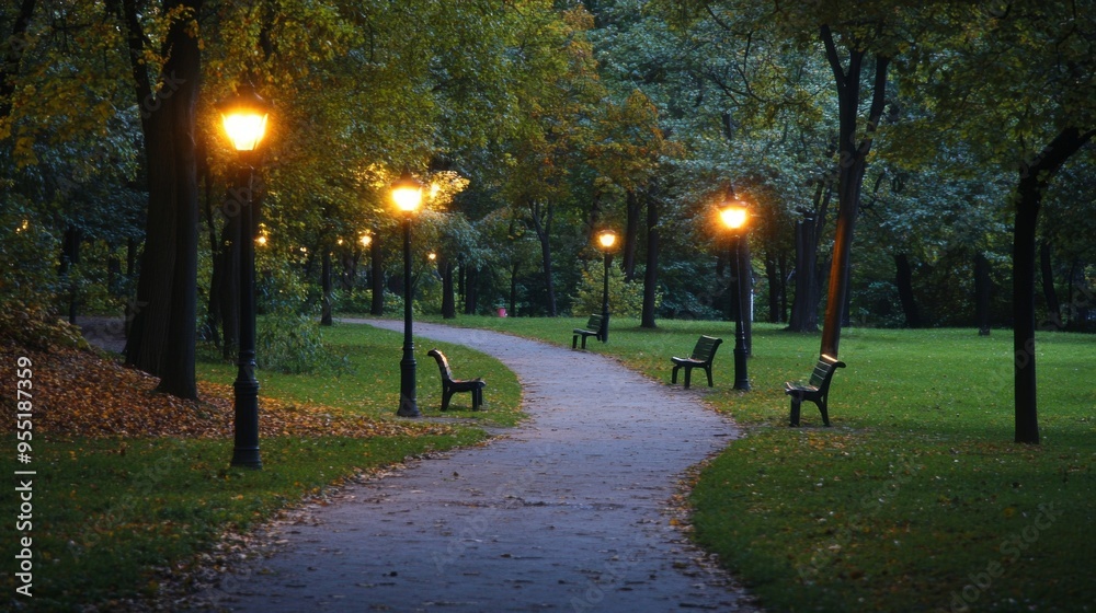 Poster A serene park path illuminated by streetlights, with soft light casting gentle shadows and creating a tranquil evening setting.