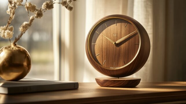 Analog desk clock with a wood and brass finish on a rich, walnut-colored surface, conveying a sense of refined craftsmanship