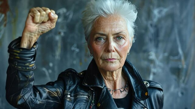 Tough senior woman showcases strength and resilience in urban setting while raising her fist