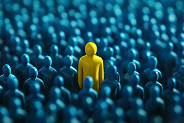 Obraz premium standing out from the crowd, job interview concept, yellow figure in the middle of large blue crowd 