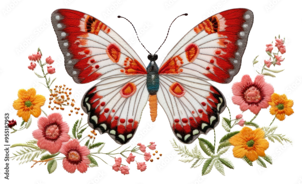 Wall mural PNG Butterfly and flower in embroidery style needlework pattern plant.