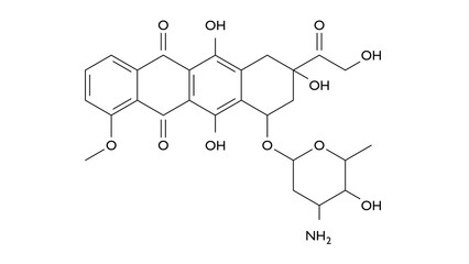 doxorubicin molecule, structural chemical formula, ball-and-stick model, isolated image chemotherapy medication