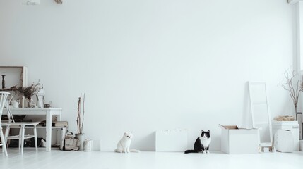 Fototapeta premium Two Cats in a Minimalist White Room.