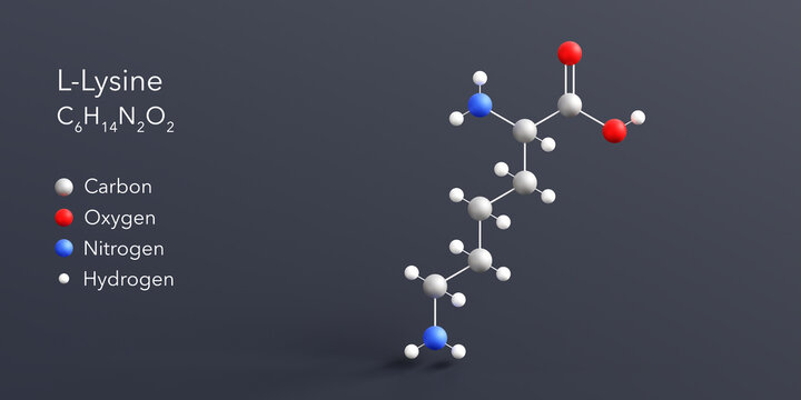 l-lysine molecule 3d rendering, flat molecular structure with chemical formula and atoms color coding