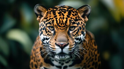 Fototapeta premium Captivating close-up of a sleek jaguar, its spotted coat and intense expression radiating a sense of primal mystery