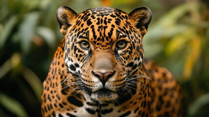 Captivating close-up of a sleek jaguar, its spotted coat and intense expression radiating a sense of primal mystery