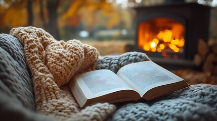 A cozy autumn evening captured with an open book on a cushioned chair, a knitted blanket over the arm, glowing fireplace nearby, warm and inviting atmosphere, rich detail, soft light,
