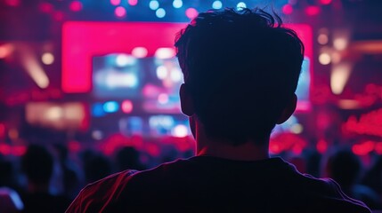 Silhouette of a young man facing a vibrant stage with colorful lights and screens, creating a dynamic and immersive entertainment experience.