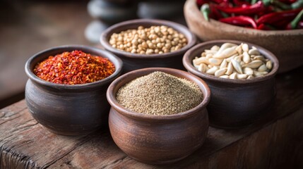 A set of ceramic containers filled with Thai spices and seasonings, including chili powder, garlic powder, and ground coriander, ready for cooking.